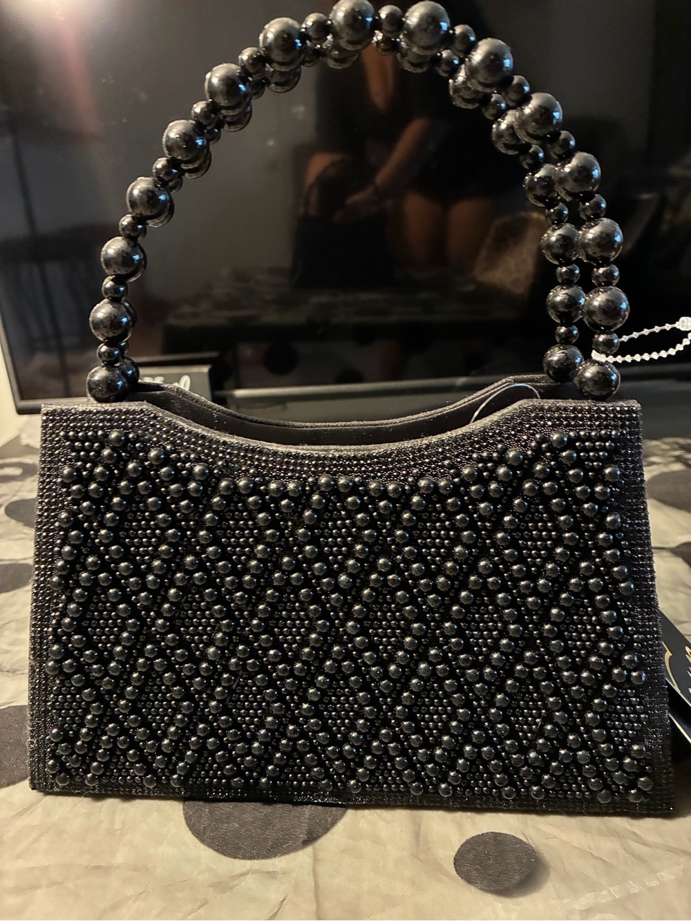 CLUTCH- Elegant Black Beaded Top-Handle Evening Clutch